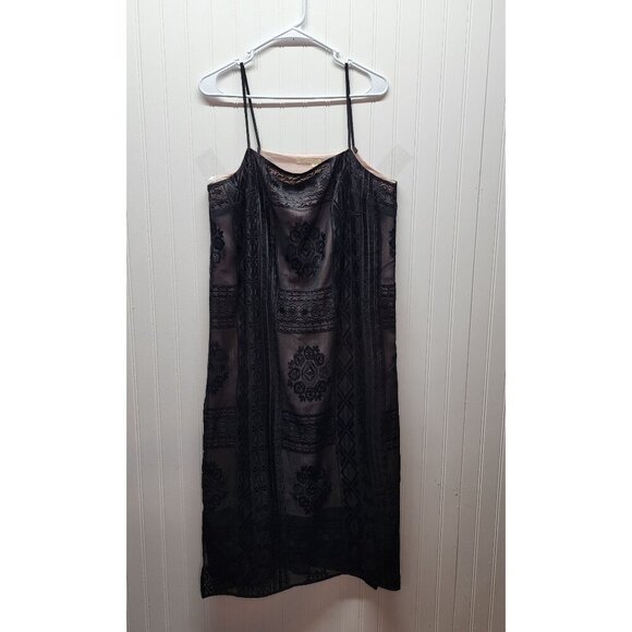 Anthropology Black Sheer Embroidered Slip Dress With Spaghetti Straps By Floreat - Picture 3 of 9
